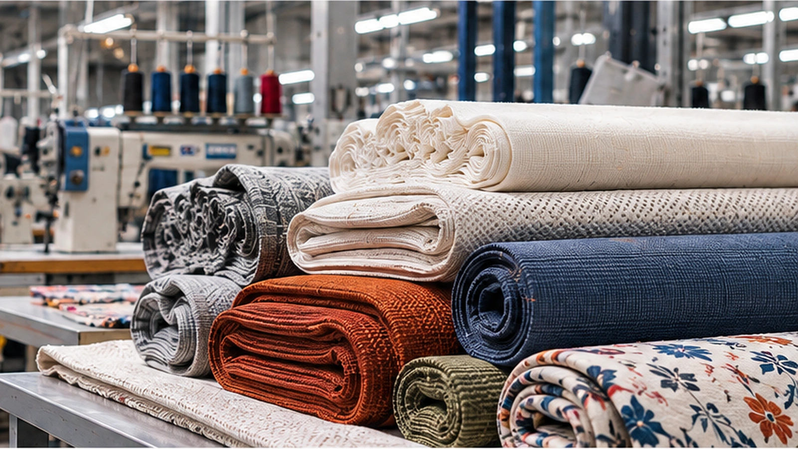 Tekstil fabrikasında farklı renk ve dokularda kumaş ruloları